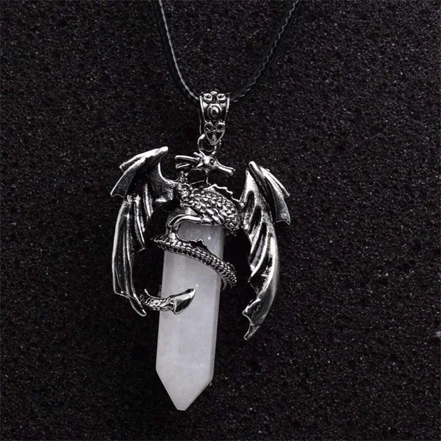 New Retro Animal Dragon Man Necklace Natural Gem Stone Healing Pink Quartz Hexagonal Crystal Pendant Vintage Jewelry for Women