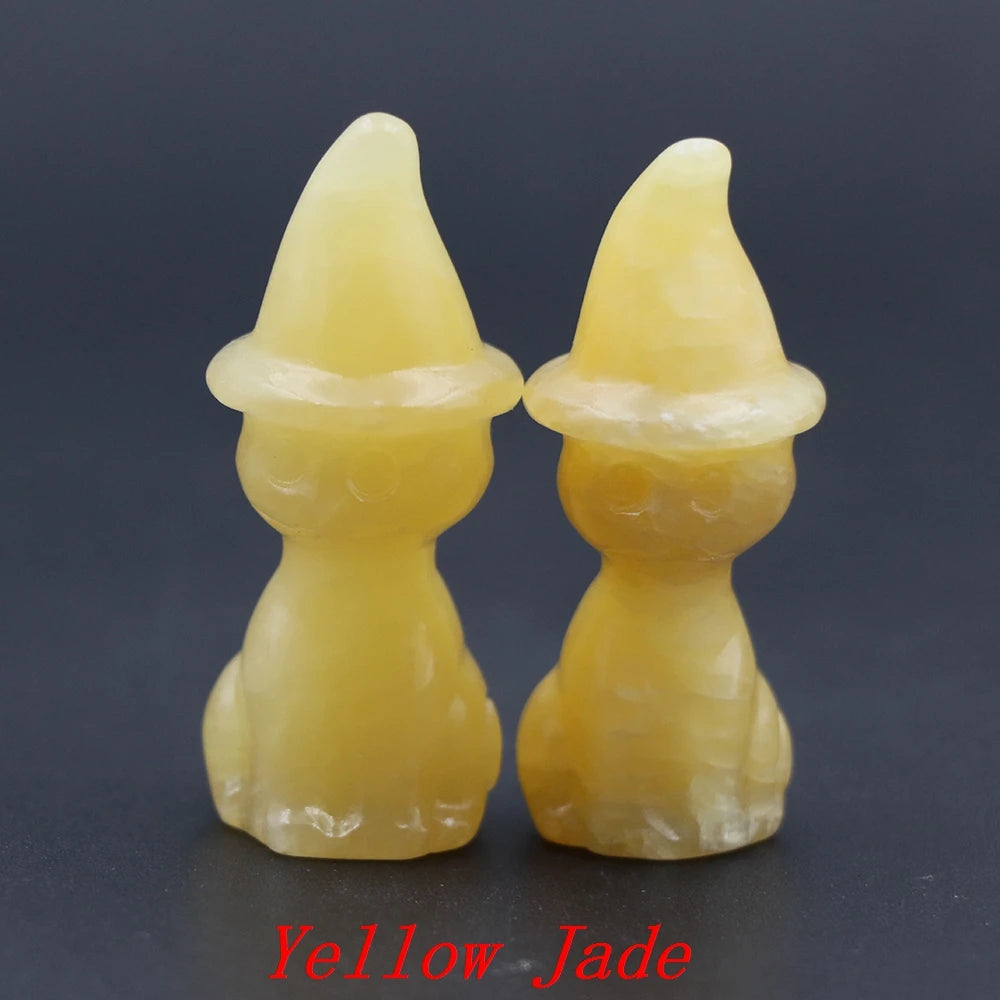 2" Natural Stone Witch Cat Statue Mysterious Cute Animal Figurine Witches Halloween Decor Desk Ornament Hand Carved Sculpture