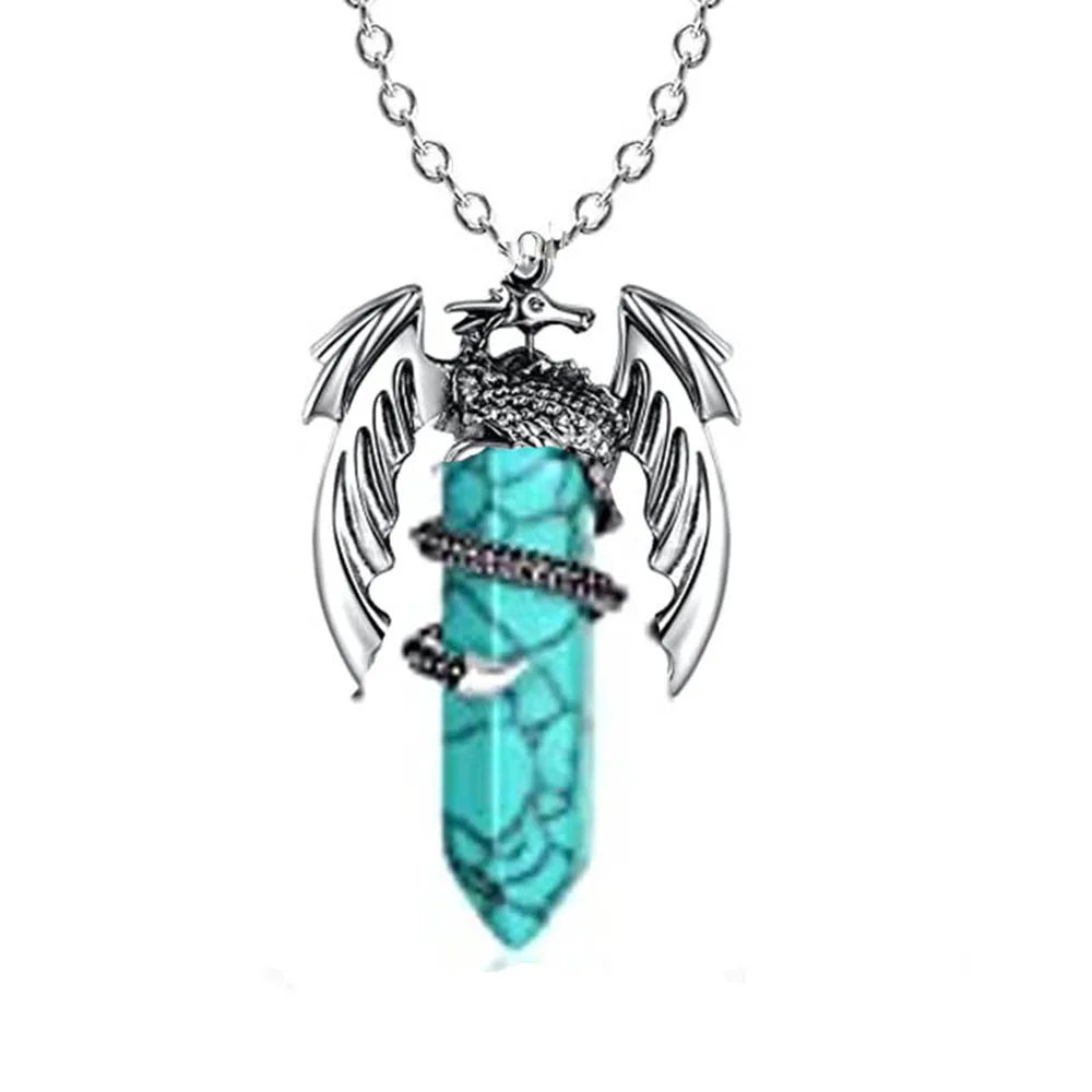 Natural Crystal Animal Dragon Pendant Pterosaur Necklace Women Men Stainless Steel Chain Hexagonal Raw Quartz Lucky Jewelry Gift