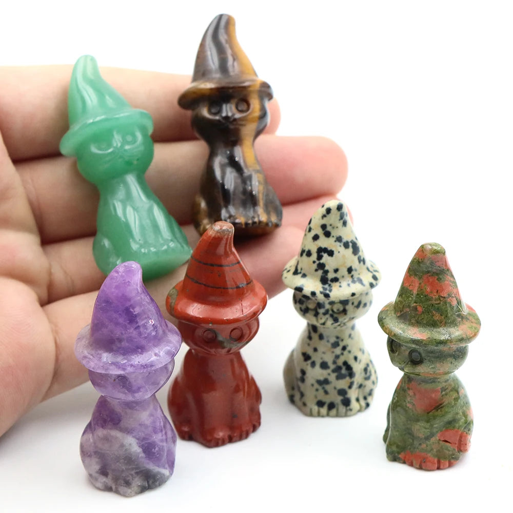 2" Natural Stone Witch Cat Statue Mysterious Cute Animal Figurine Witches Halloween Decor Desk Ornament Hand Carved Sculpture