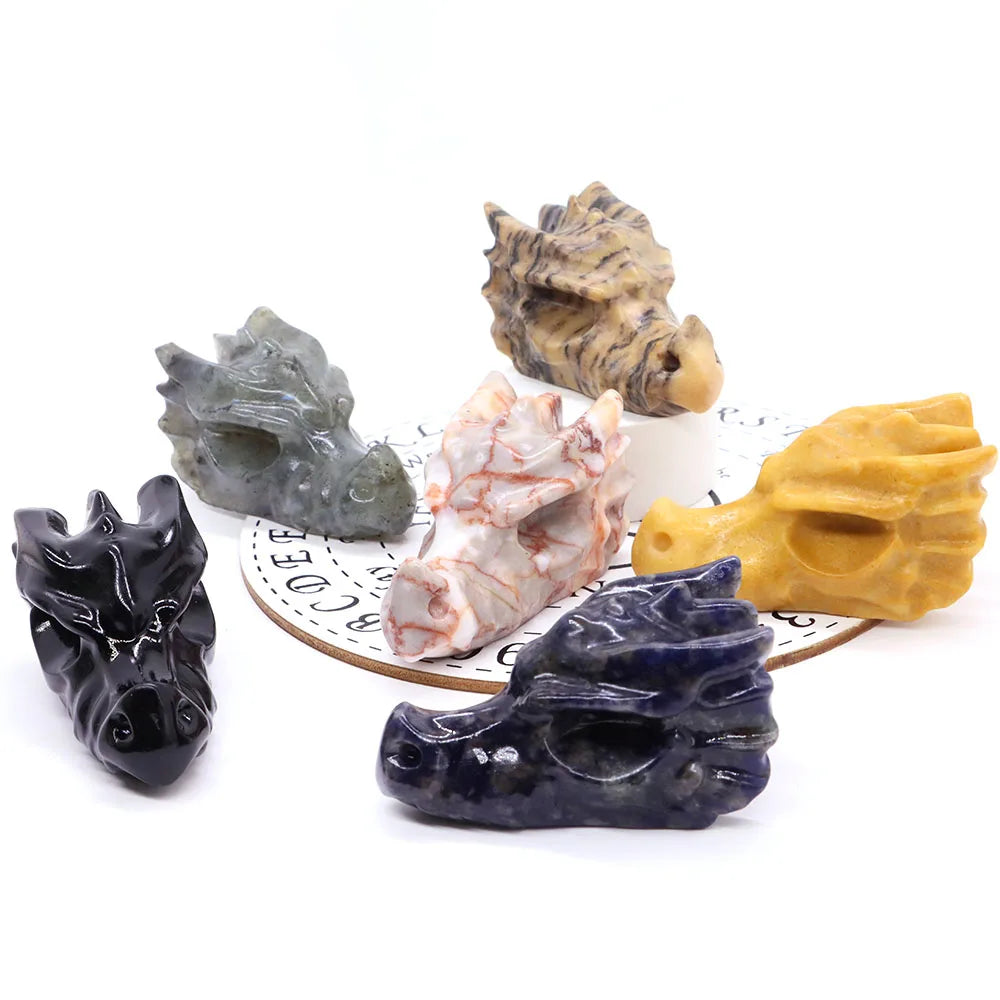 2.8" Hand Carved Natural Healing Crystal Carving Obsidian Aventurine Quartz Dragon Head Skull Figurine Crafts Gift Home Decor