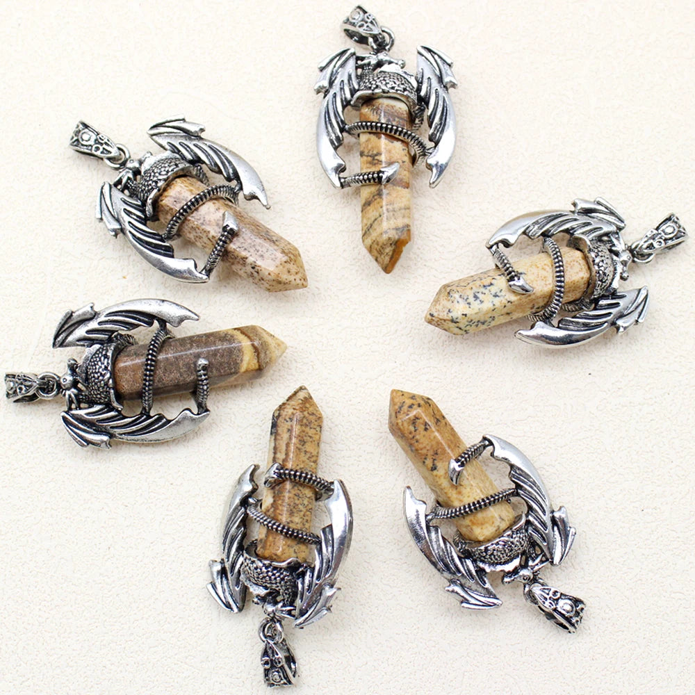 10pcs Animal Dragon Man Pendant Natural Gem Stone Healing Pink Quartz Agates Hexagonal Crystal Pendant Vintage Jewelry for Women
