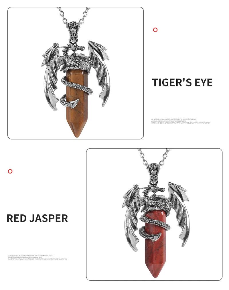 Popular natural crystal gemstone healing crystal hexagonal pillar dragon wing pendant retro exaggerated neutral jewelry necklace