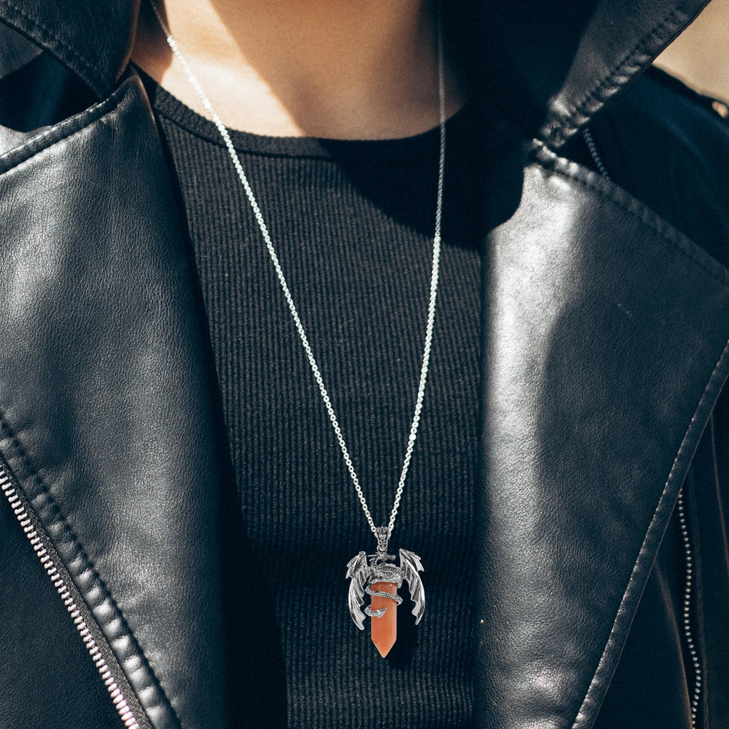 Popular natural crystal gemstone healing crystal hexagonal pillar dragon wing pendant retro exaggerated neutral jewelry necklace