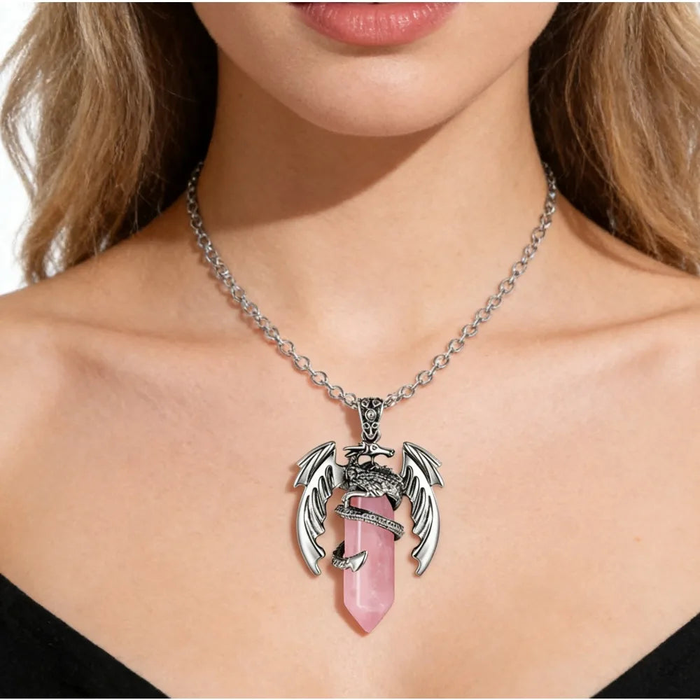Animal Dragon Crystal Stone Pendant Necklace for Women Men Natural Amethyst Rose Quartz Agate Hexagon Stone Pendants Jewelry