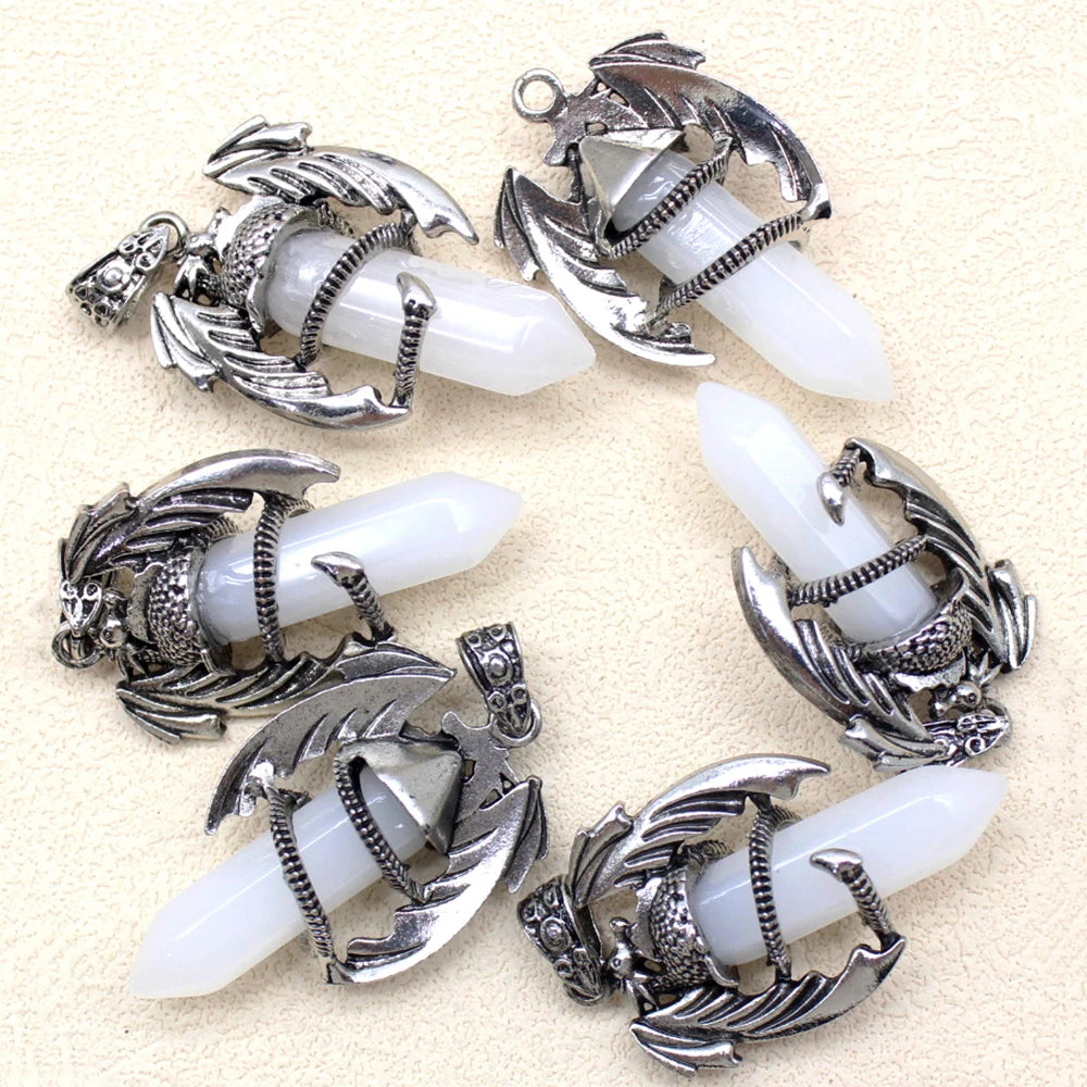 10pcs Animal Dragon Man Pendant Natural Gem Stone Healing Pink Quartz Agates Hexagonal Crystal Pendant Vintage Jewelry for Women
