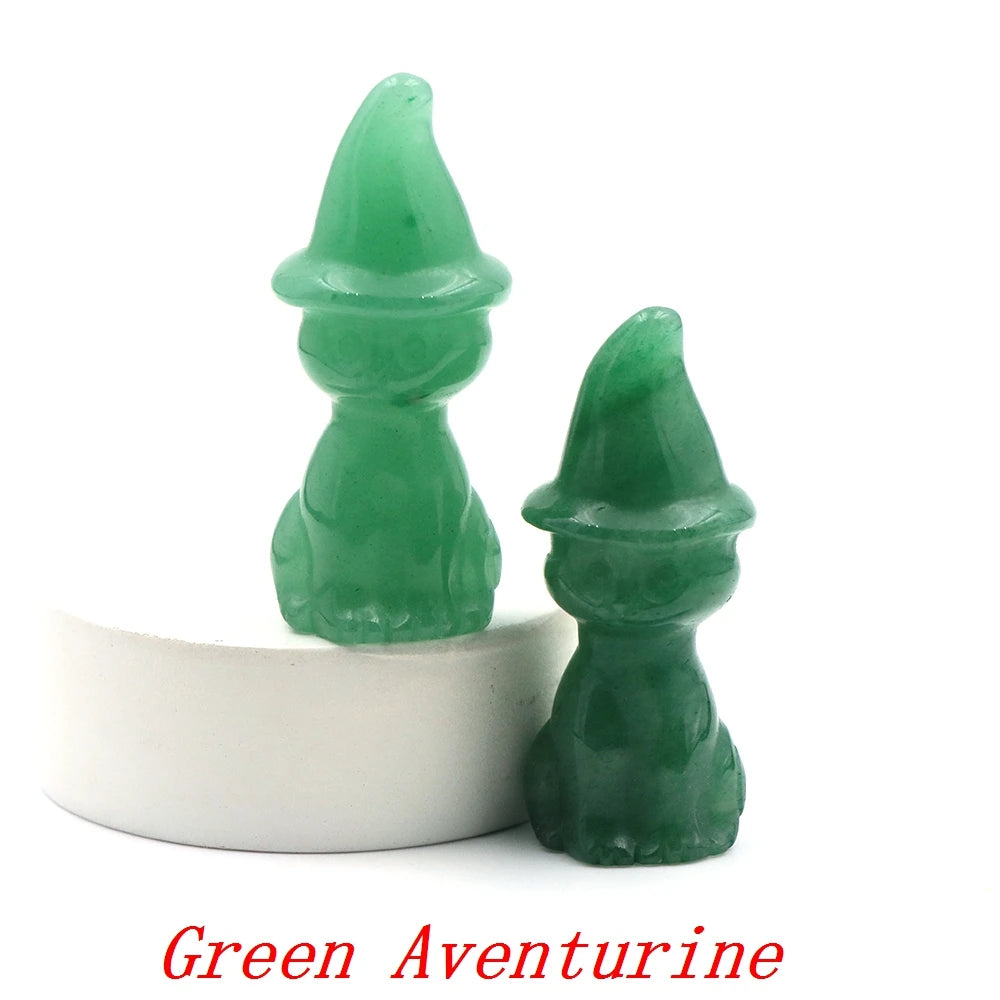 2" Natural Stone Witch Cat Statue Mysterious Cute Animal Figurine Witches Halloween Decor Desk Ornament Hand Carved Sculpture