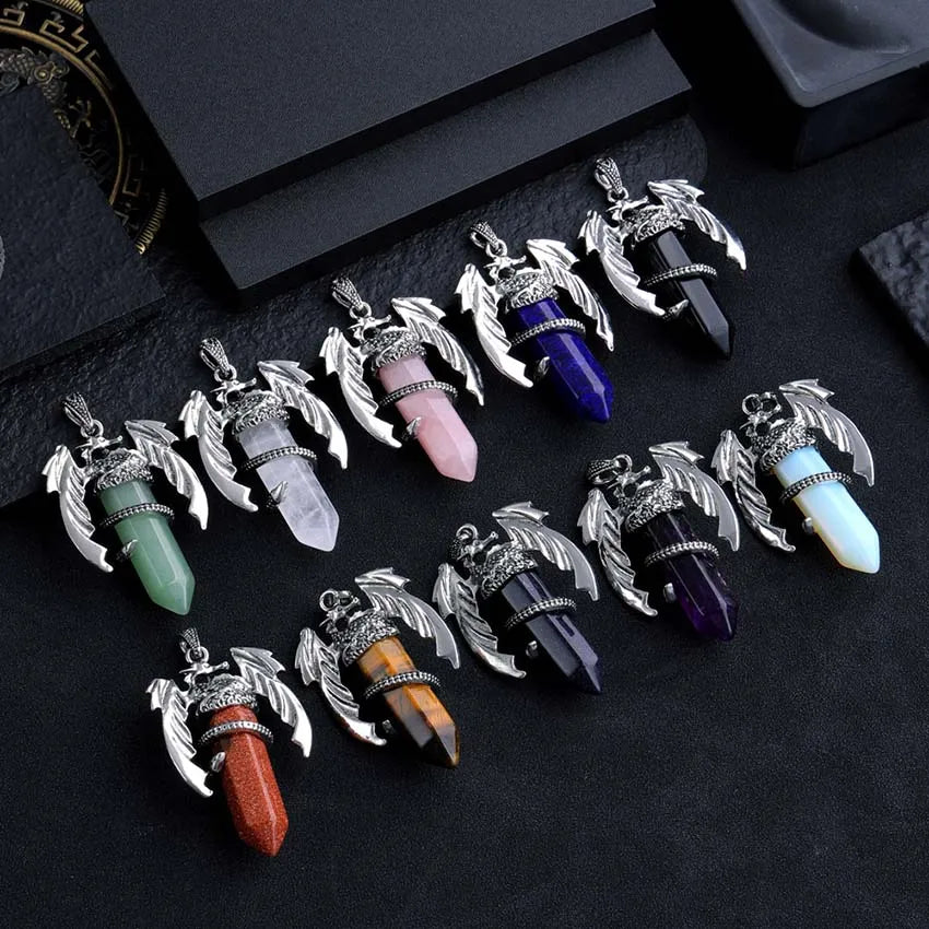 Animal Dragon Crystal Stone Pendant Necklace For Men Natural Amethyst Rose Quartz Agate Hexagonal Vintage Pendants Women Jewelry