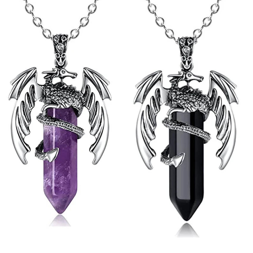 Animal Dragon Crystal Stone Pendant Necklace For Men Natural Amethyst Rose Quartz Agate Hexagonal Vintage Pendants Women Jewelry