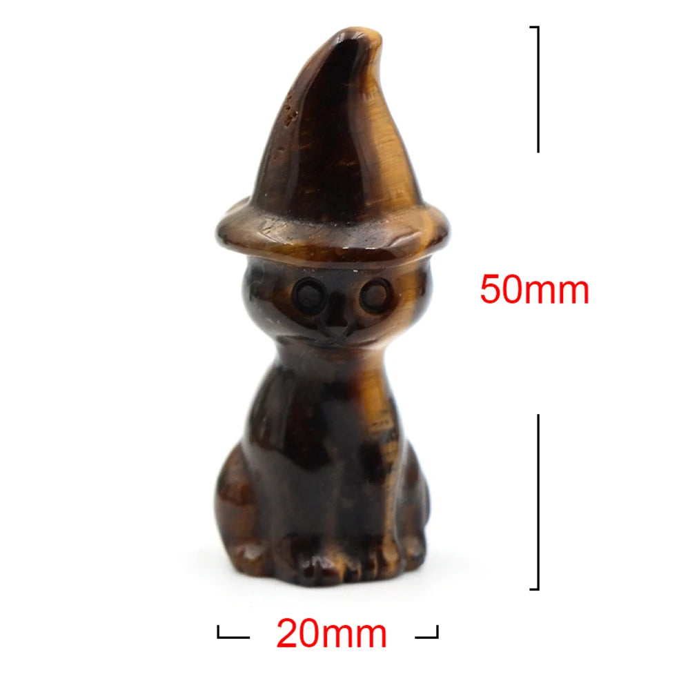2" Natural Stone Witch Cat Statue Mysterious Cute Animal Figurine Witches Halloween Decor Desk Ornament Hand Carved Sculpture