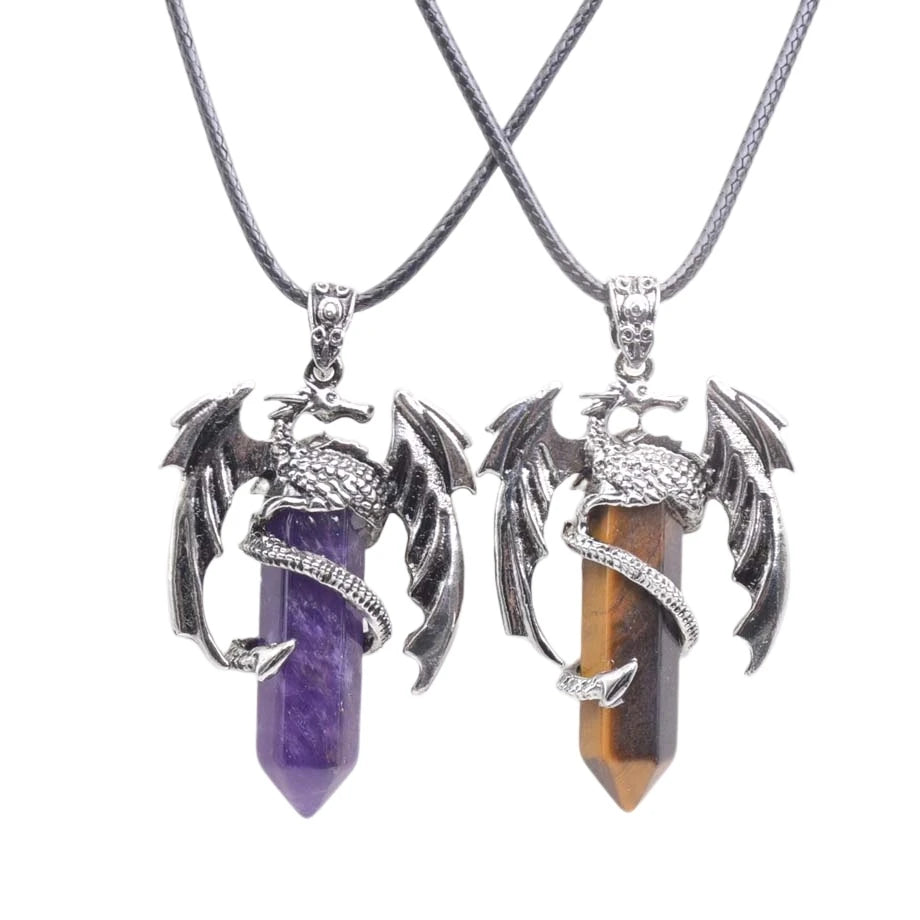 New Retro Animal Dragon Man Necklace Natural Gem Stone Healing Pink Quartz Hexagonal Crystal Pendant Vintage Jewelry for Women