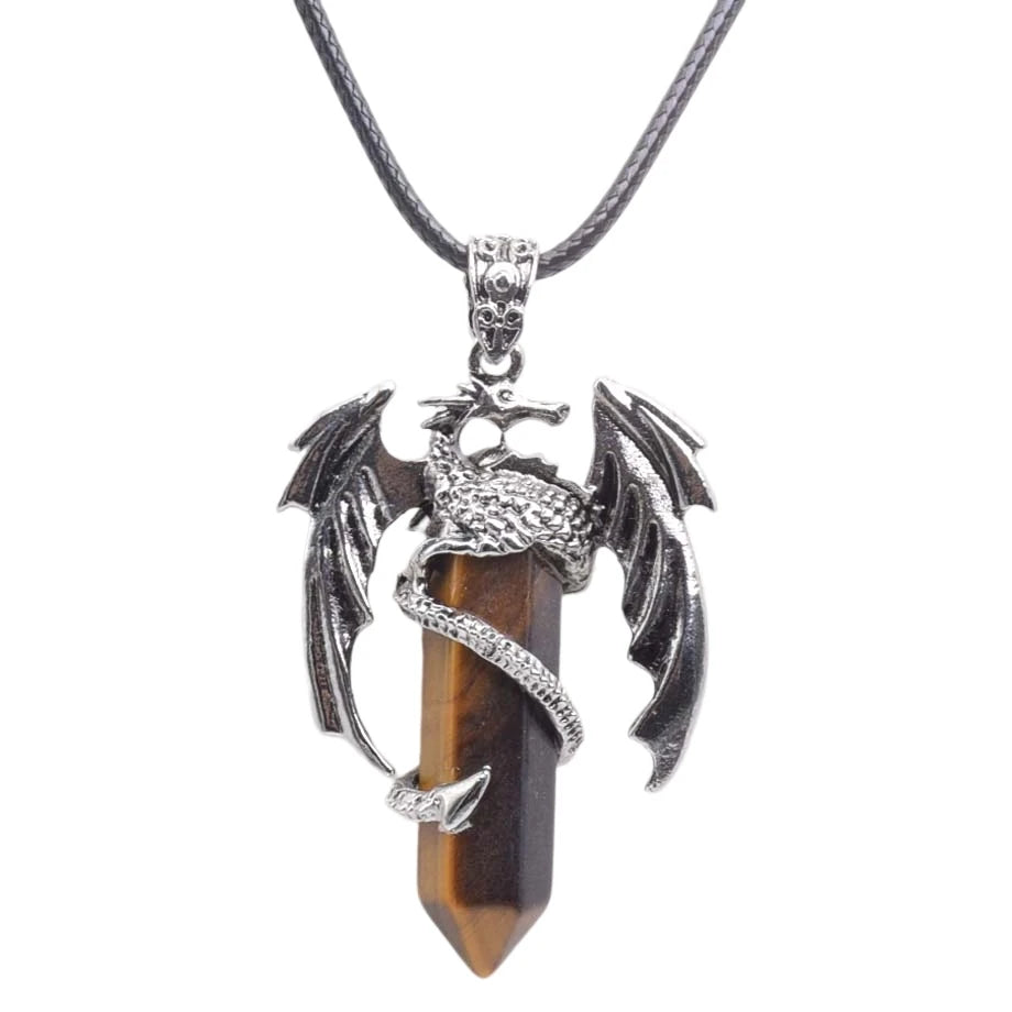 New Retro Animal Dragon Man Necklace Natural Gem Stone Healing Pink Quartz Hexagonal Crystal Pendant Vintage Jewelry for Women