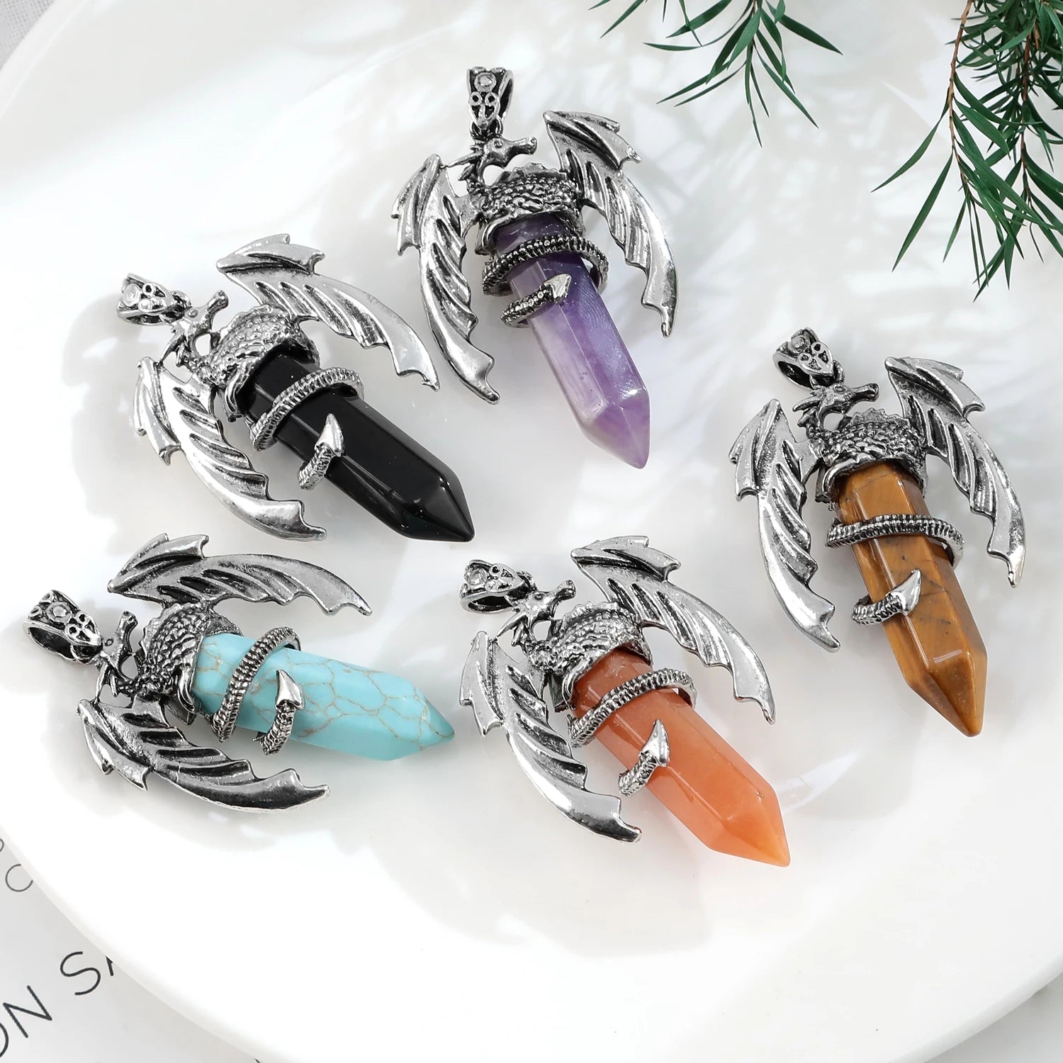 Popular natural crystal gemstone healing crystal hexagonal pillar dragon wing pendant retro exaggerated neutral jewelry necklace