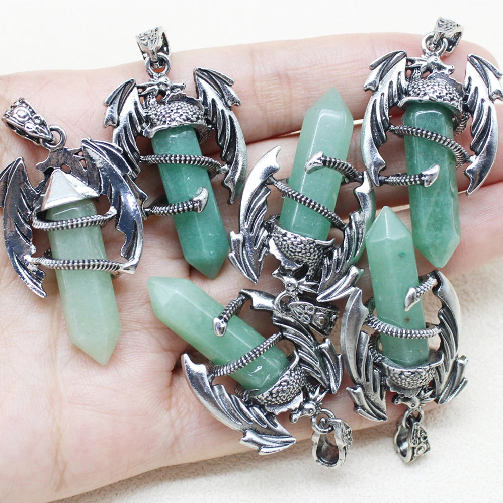 10pcs Animal Dragon Man Pendant Natural Gem Stone Healing Pink Quartz Agates Hexagonal Crystal Pendant Vintage Jewelry for Women