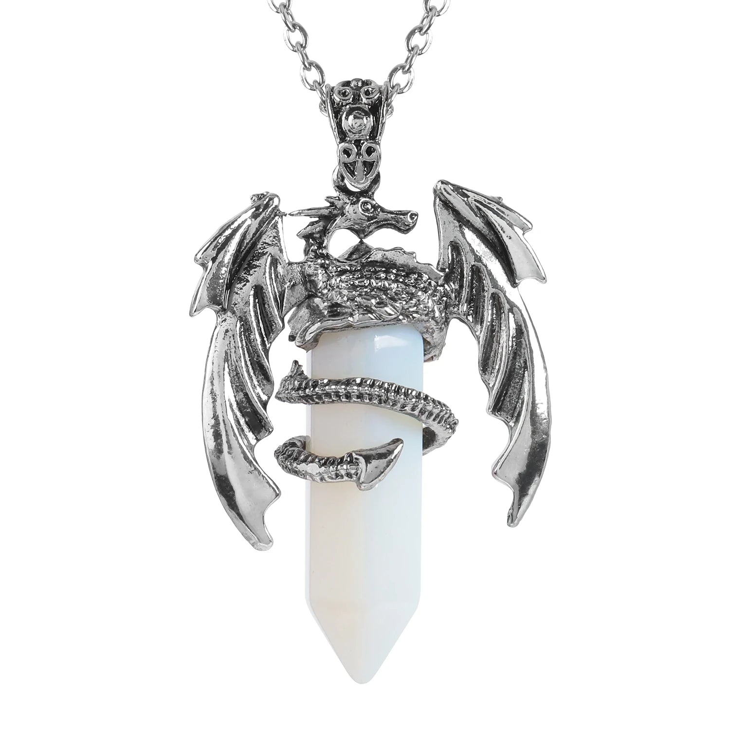 Popular natural crystal gemstone healing crystal hexagonal pillar dragon wing pendant retro exaggerated neutral jewelry necklace