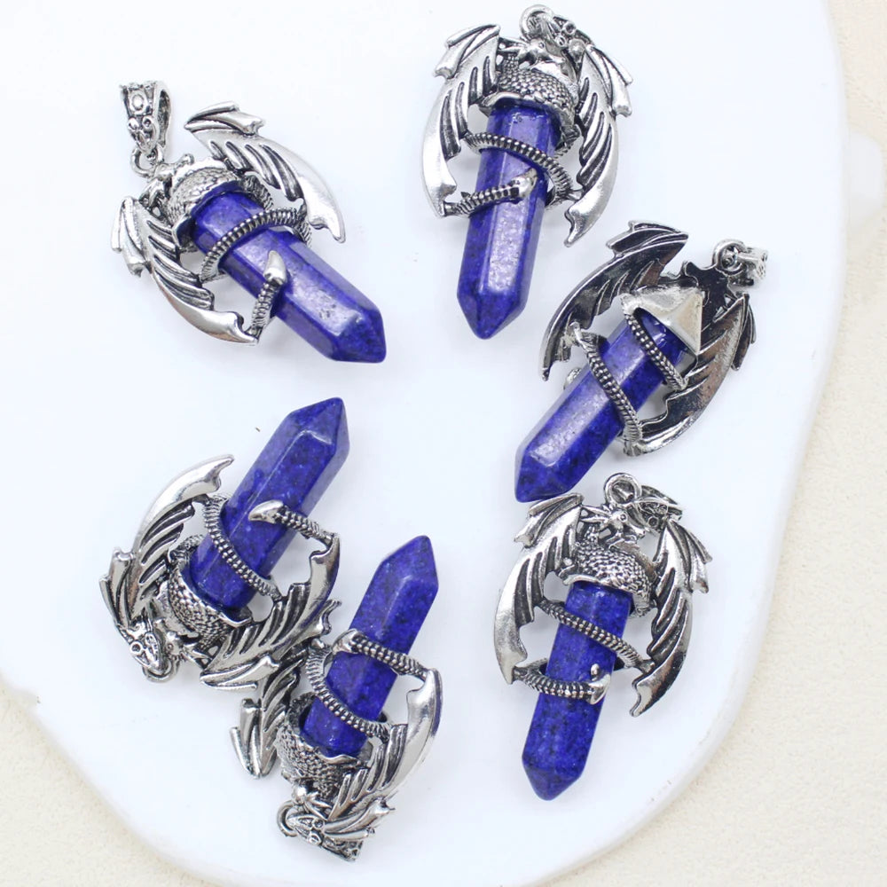 10pcs Animal Dragon Man Pendant Natural Gem Stone Healing Pink Quartz Agates Hexagonal Crystal Pendant Vintage Jewelry for Women