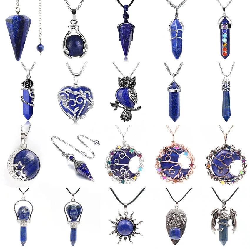 XSM Reiki Healing Natural Lapis Lazuli Crystal Stone Hexagon Tree of Life Moon Wire Wrapped Pendant Pendulum Jewelry