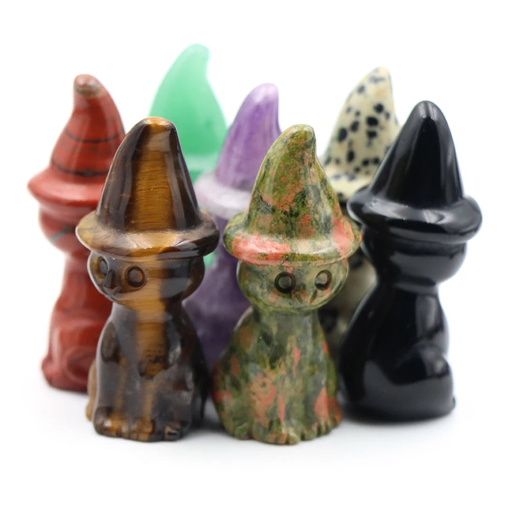 2" Natural Stone Witch Cat Statue Mysterious Cute Animal Figurine Witches Halloween Decor Desk Ornament Hand Carved Sculpture