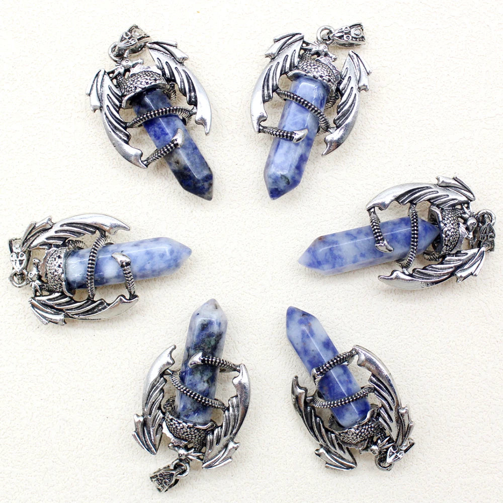 10pcs Animal Dragon Man Pendant Natural Gem Stone Healing Pink Quartz Agates Hexagonal Crystal Pendant Vintage Jewelry for Women