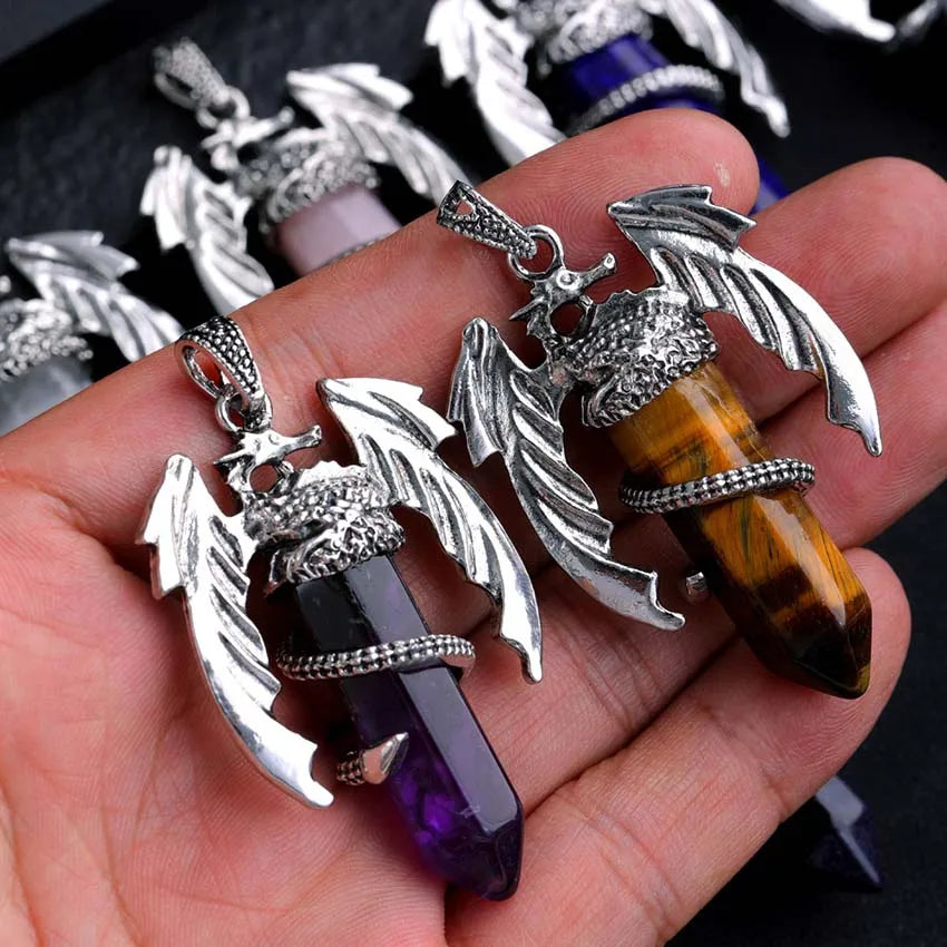 Animal Dragon Crystal Stone Pendant Necklace For Men Natural Amethyst Rose Quartz Agate Hexagonal Vintage Pendants Women Jewelry