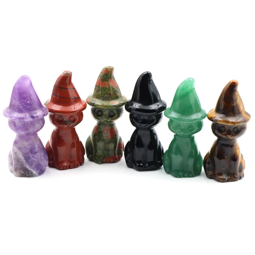 2" Natural Stone Witch Cat Statue Mysterious Cute Animal Figurine Witches Halloween Decor Desk Ornament Hand Carved Sculpture