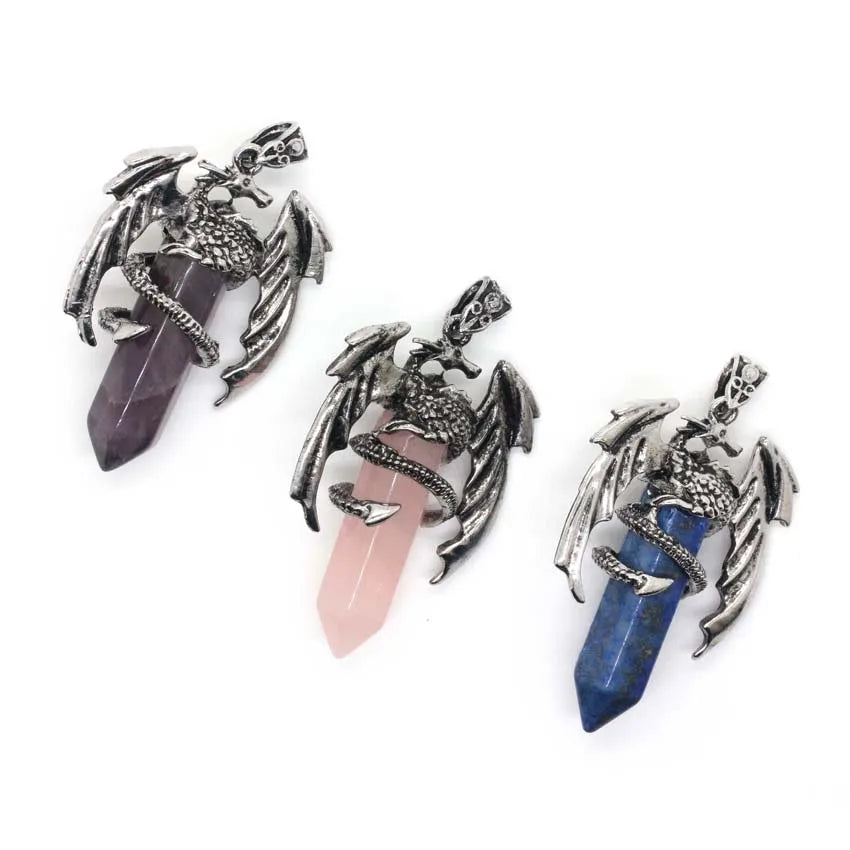 Animal Dragon Crystal Stone Pendant Necklace For Men Natural Amethyst Rose Quartz Agate Hexagonal Vintage Pendants Women Jewelry