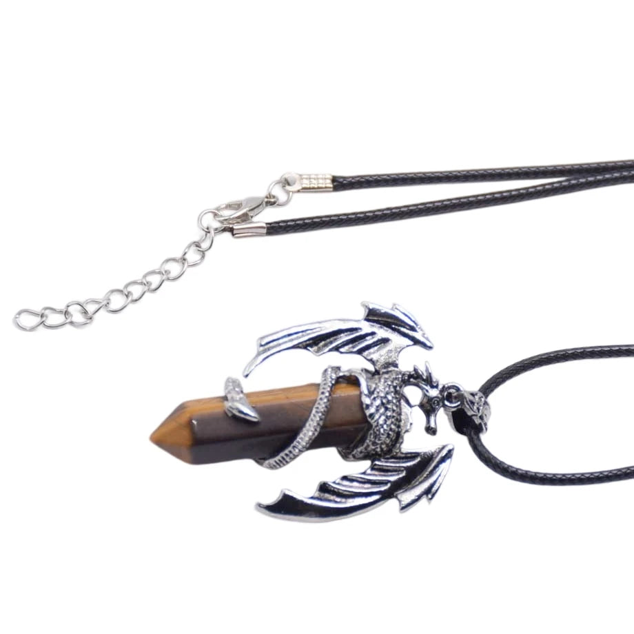 New Retro Animal Dragon Man Necklace Natural Gem Stone Healing Pink Quartz Hexagonal Crystal Pendant Vintage Jewelry for Women