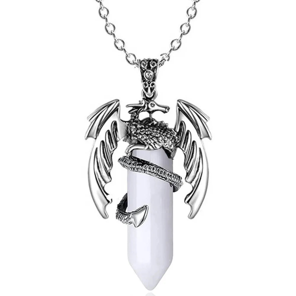 Natural Crystal Animal Dragon Pendant Pterosaur Necklace Women Men Stainless Steel Chain Hexagonal Raw Quartz Lucky Jewelry Gift
