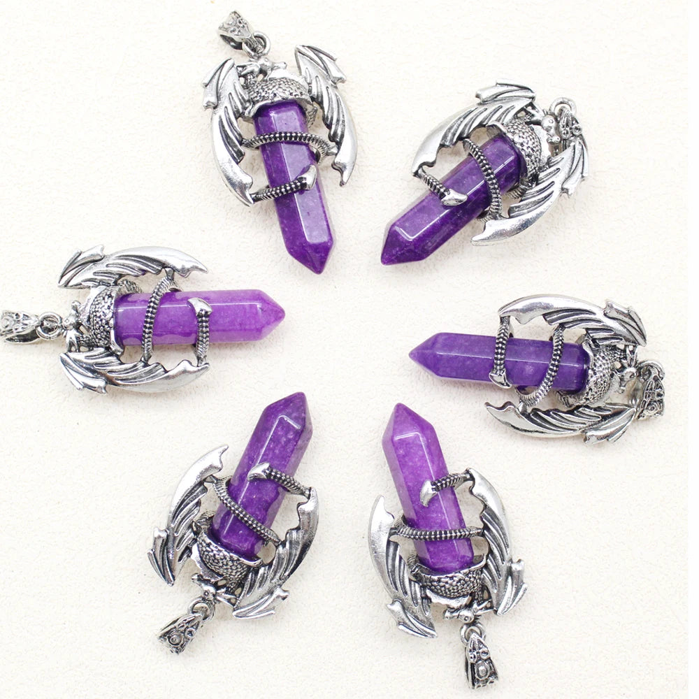 10pcs Animal Dragon Man Pendant Natural Gem Stone Healing Pink Quartz Agates Hexagonal Crystal Pendant Vintage Jewelry for Women
