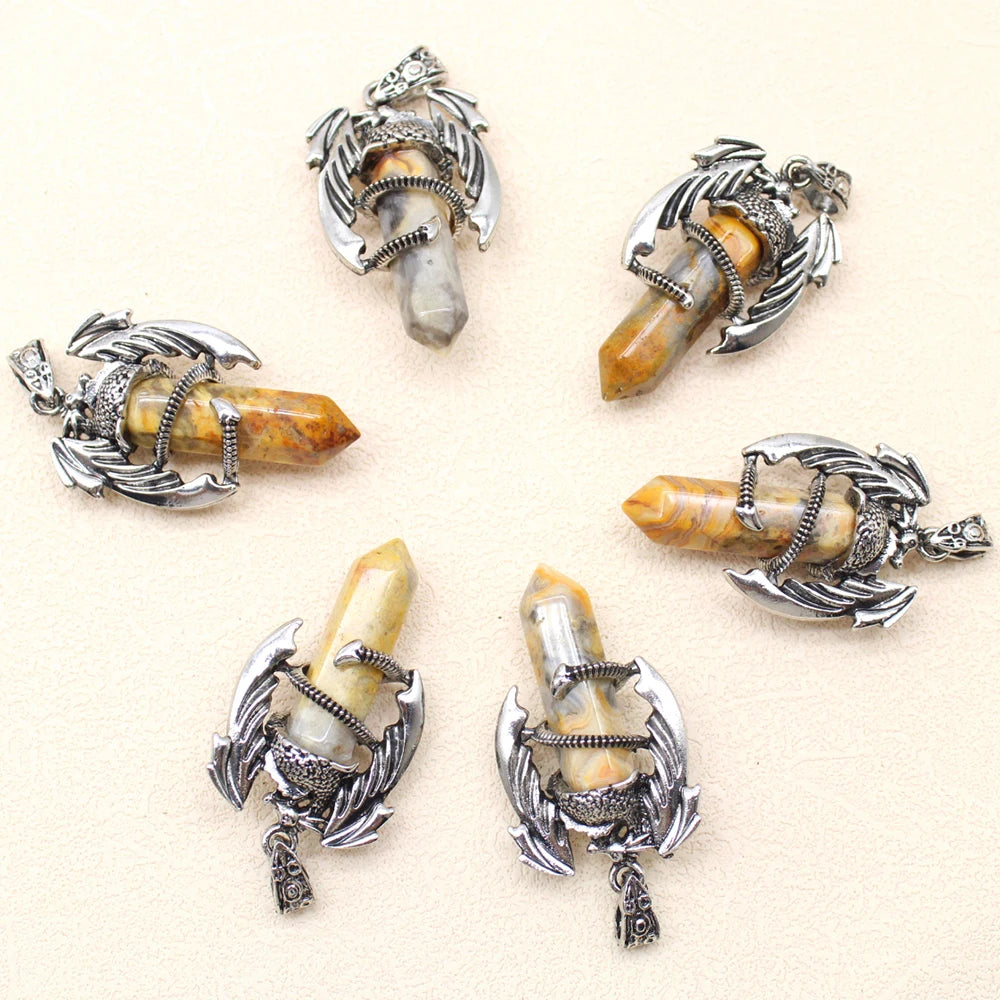 10pcs Animal Dragon Man Pendant Natural Gem Stone Healing Pink Quartz Agates Hexagonal Crystal Pendant Vintage Jewelry for Women