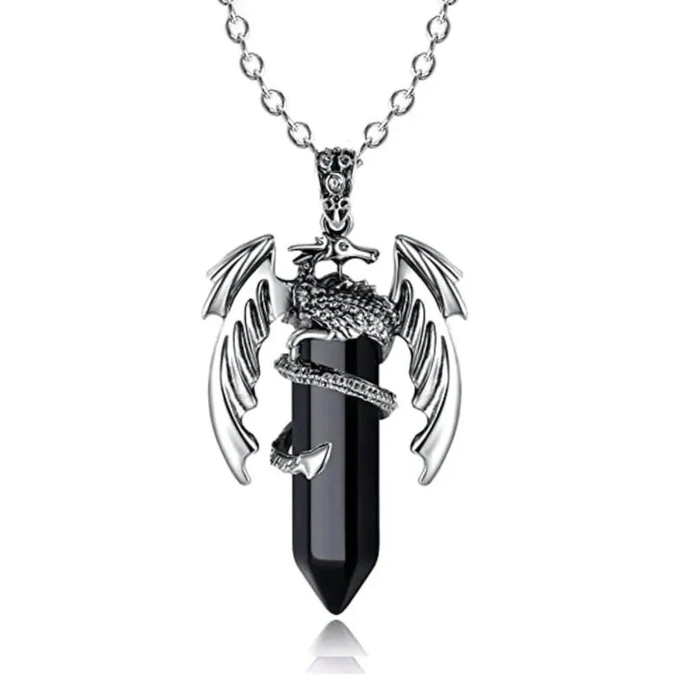 Animal Dragon Crystal Stone Pendant Necklace for Women Men Natural Amethyst Rose Quartz Agate Hexagon Stone Pendants Jewelry