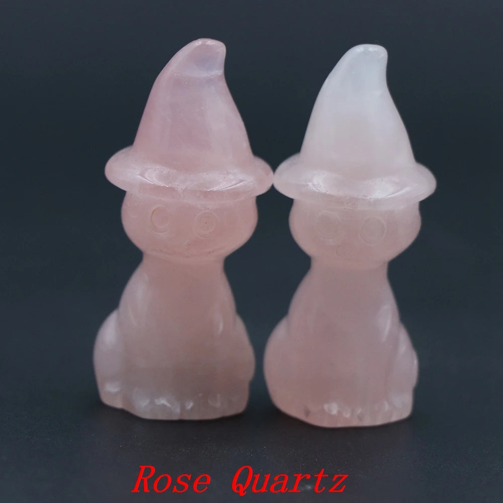 2" Natural Stone Witch Cat Statue Mysterious Cute Animal Figurine Witches Halloween Decor Desk Ornament Hand Carved Sculpture