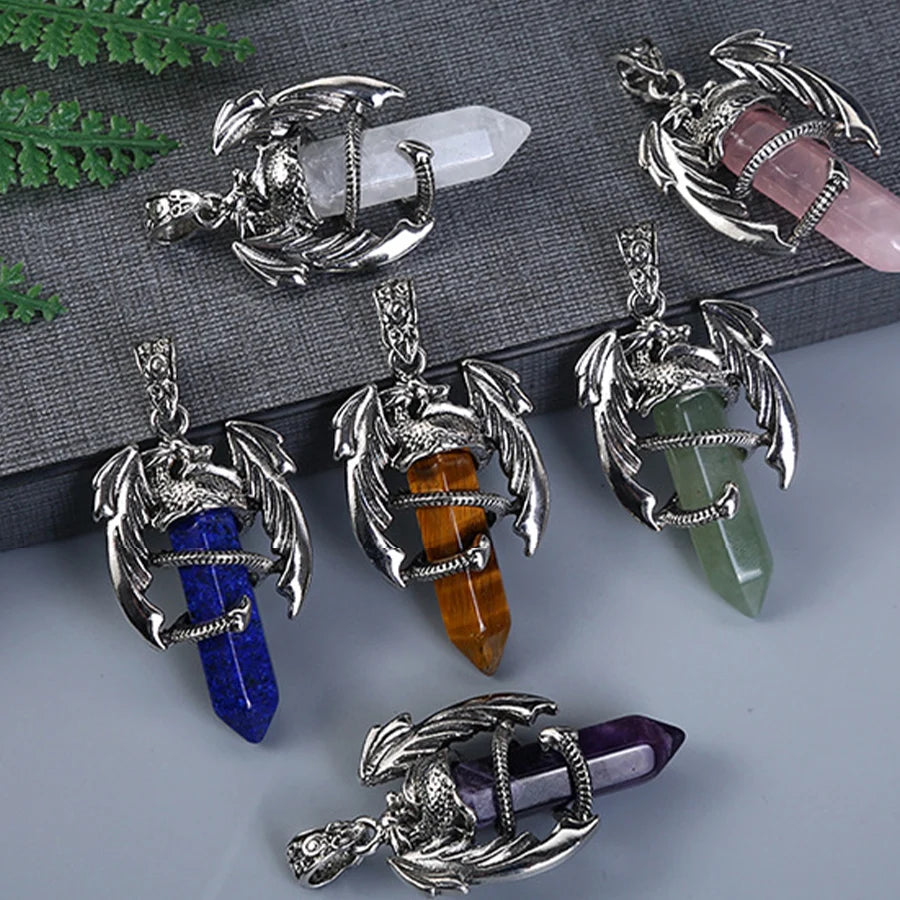 Fashion creative chic amethyst powder crystal white crystal flying dragon pendant Pterosaur hexagon column necklace jewelry