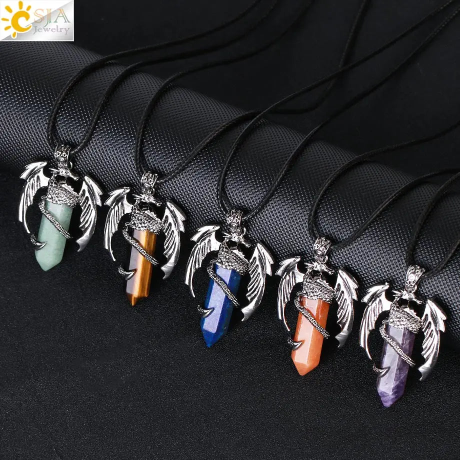 CSJA Animal Dragon Man Necklace Natural Gem Stone Healing Pink Quartz Hexagonal Crystal Pendant Vintage Jewelry for Women H012