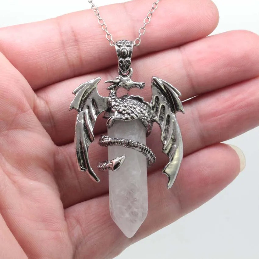 Animal Dragon Crystal Stone Pendant Necklace for Women Men Natural Amethyst Rose Quartz Agate Hexagon Stone Pendants Jewelry