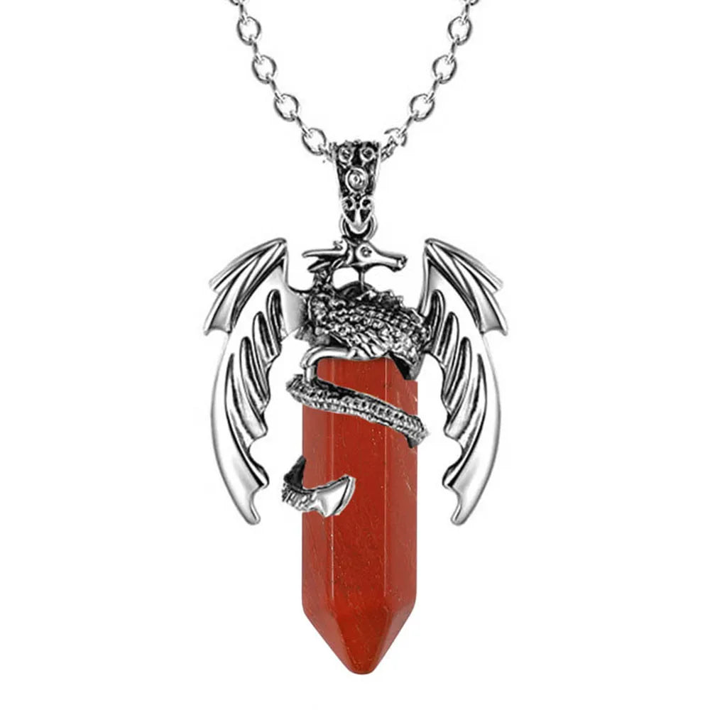 Natural Crystal Animal Dragon Pendant Pterosaur Necklace Women Men Stainless Steel Chain Hexagonal Raw Quartz Lucky Jewelry Gift