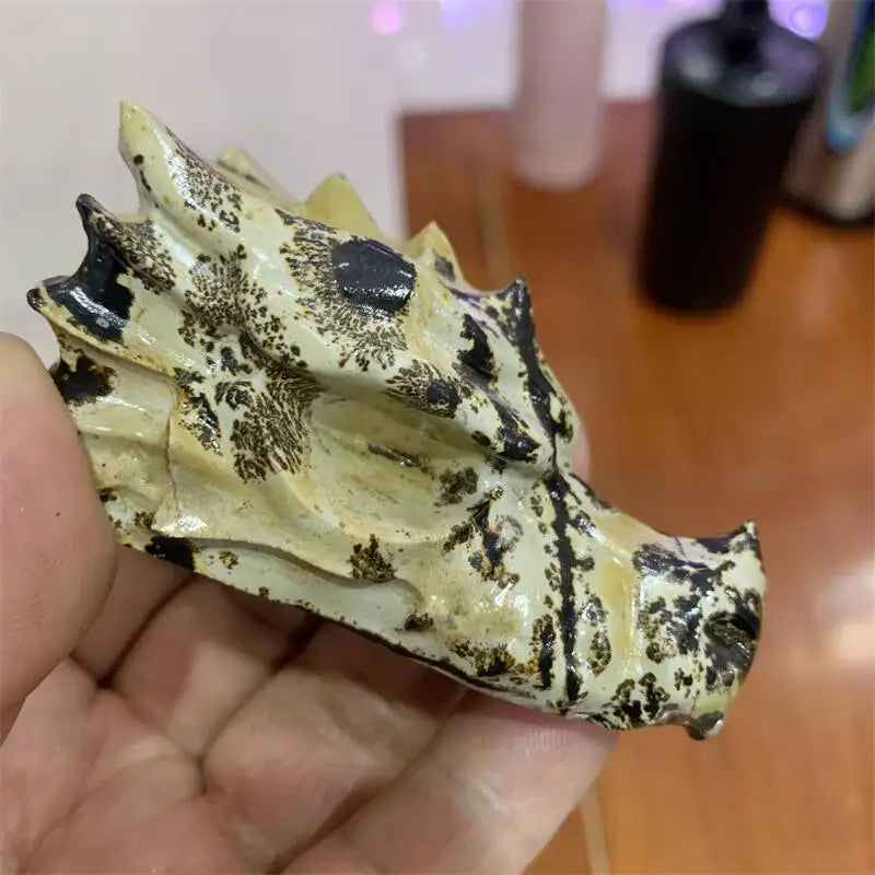 Natural Picture Stone Dragon Skull Carving Dragon Head Skull Statue Reiki Healing Stone Home Decoration 1PCS
