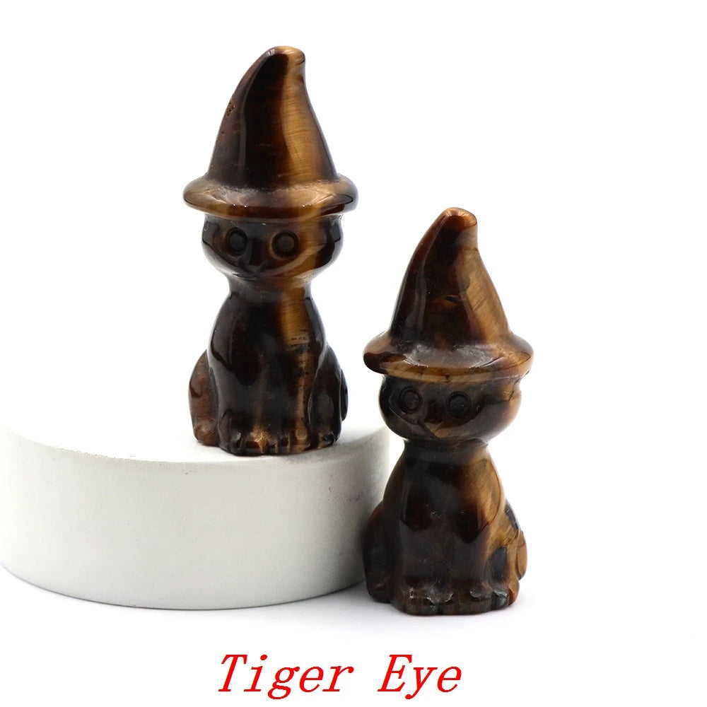 2" Natural Stone Witch Cat Statue Mysterious Cute Animal Figurine Witches Halloween Decor Desk Ornament Hand Carved Sculpture