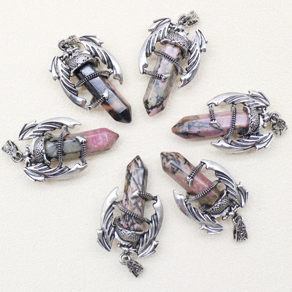 10pcs Animal Dragon Man Pendant Natural Gem Stone Healing Pink Quartz Agates Hexagonal Crystal Pendant Vintage Jewelry for Women