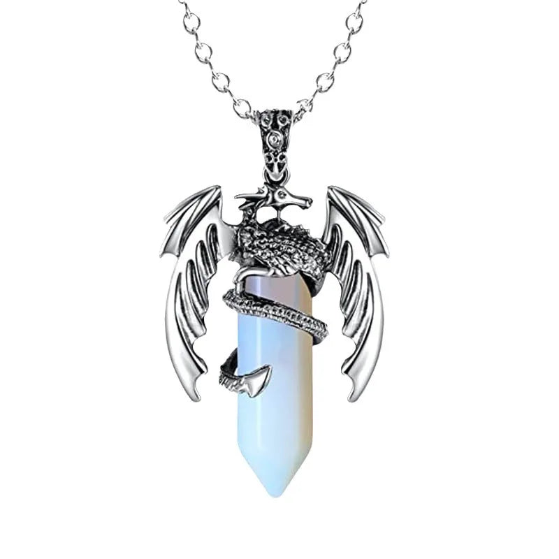 European and American Animal Dragon Man Necklace  Pink Quartz Hexagonal Crystal Pendant Vintage Men Women Pendant Jewelry