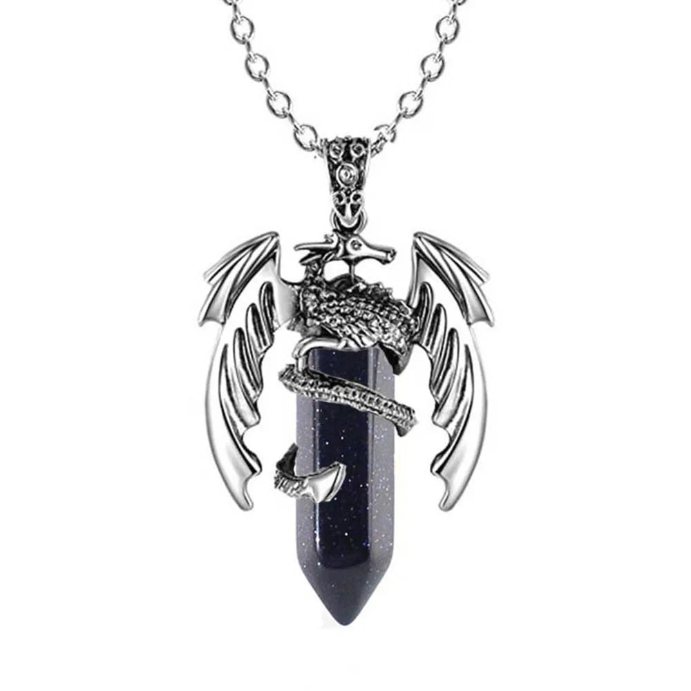 Natural Crystal Animal Dragon Pendant Pterosaur Necklace Women Men Stainless Steel Chain Hexagonal Raw Quartz Lucky Jewelry Gift