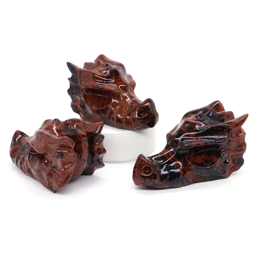 2.8" Hand Carved Natural Healing Crystal Carving Obsidian Aventurine Quartz Dragon Head Skull Figurine Crafts Gift Home Decor