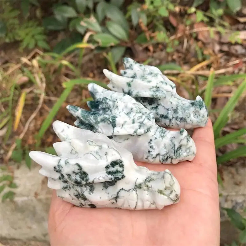 Natural Stone Moss Agate Crystal Handmade Carved Dragon Head Skull Polished Animal Statue For Home Decoration Gift 1pcs
