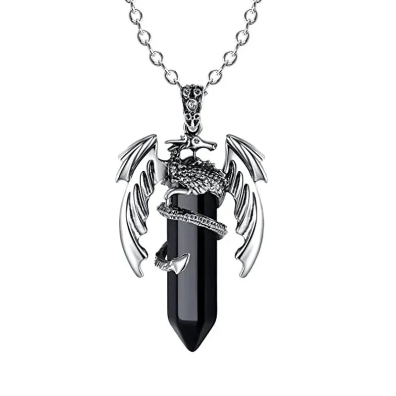European and American Animal Dragon Man Necklace  Pink Quartz Hexagonal Crystal Pendant Vintage Men Women Pendant Jewelry