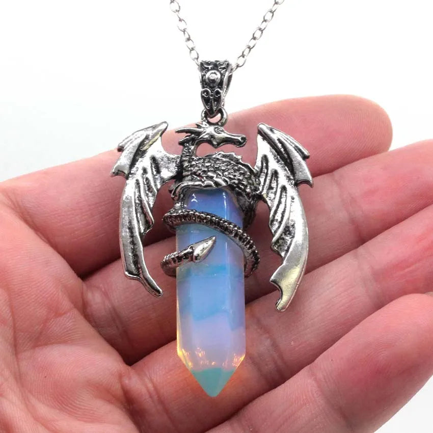 Animal Dragon Crystal Stone Pendant Necklace for Women Men Natural Amethyst Rose Quartz Agate Hexagon Stone Pendants Jewelry