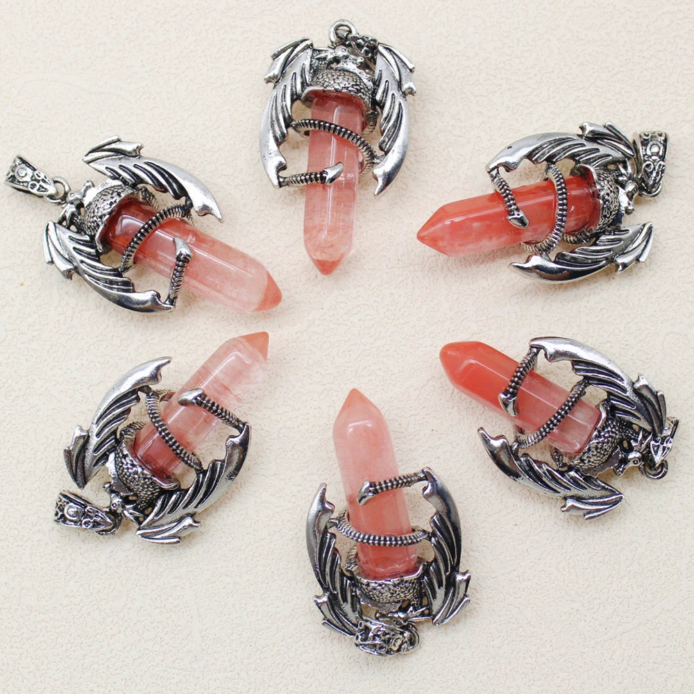 10pcs Animal Dragon Man Pendant Natural Gem Stone Healing Pink Quartz Agates Hexagonal Crystal Pendant Vintage Jewelry for Women