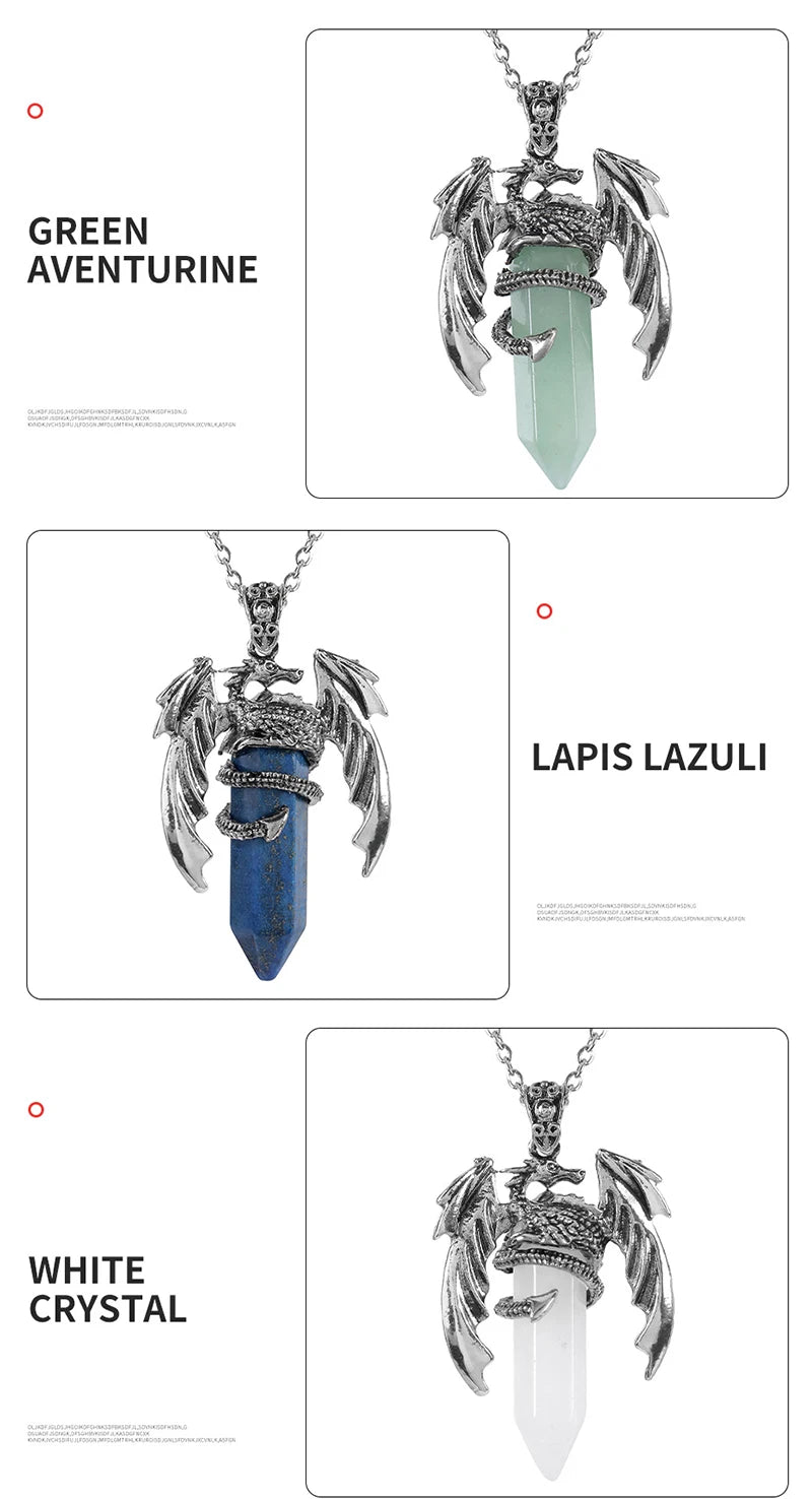 Popular natural crystal gemstone healing crystal hexagonal pillar dragon wing pendant retro exaggerated neutral jewelry necklace