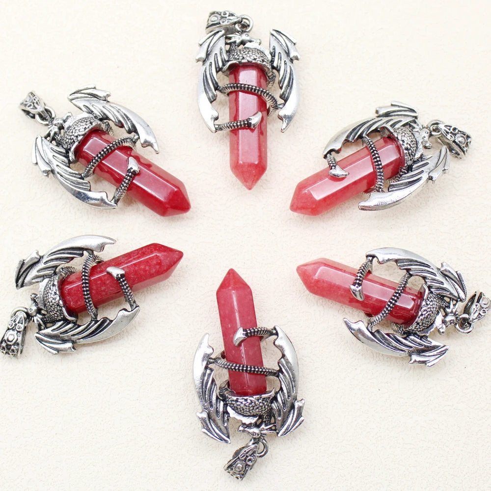 10pcs Animal Dragon Man Pendant Natural Gem Stone Healing Pink Quartz Agates Hexagonal Crystal Pendant Vintage Jewelry for Women