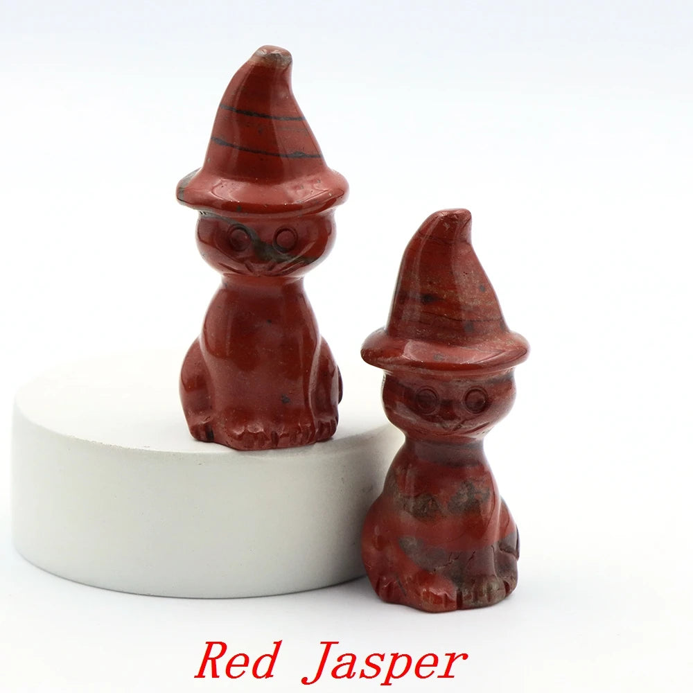 2" Natural Stone Witch Cat Statue Mysterious Cute Animal Figurine Witches Halloween Decor Desk Ornament Hand Carved Sculpture