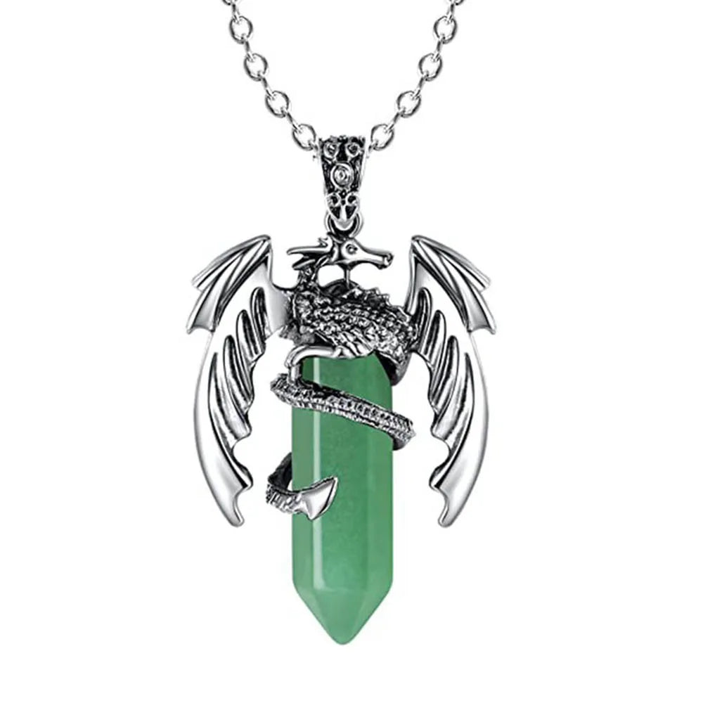 Natural Crystal Animal Dragon Pendant Pterosaur Necklace Women Men Stainless Steel Chain Hexagonal Raw Quartz Lucky Jewelry Gift